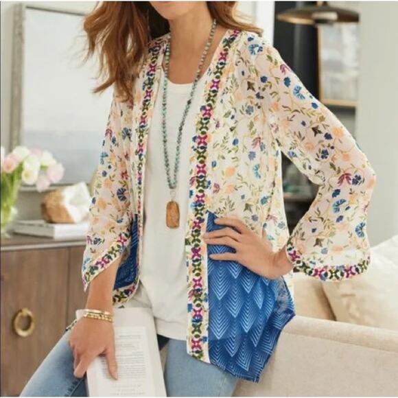 Soft Surroundings Sweaters - SOFT SURROUNDINGS Art Nouveau Topper Size XS Kimono Cardigan Boho Floral Sheer